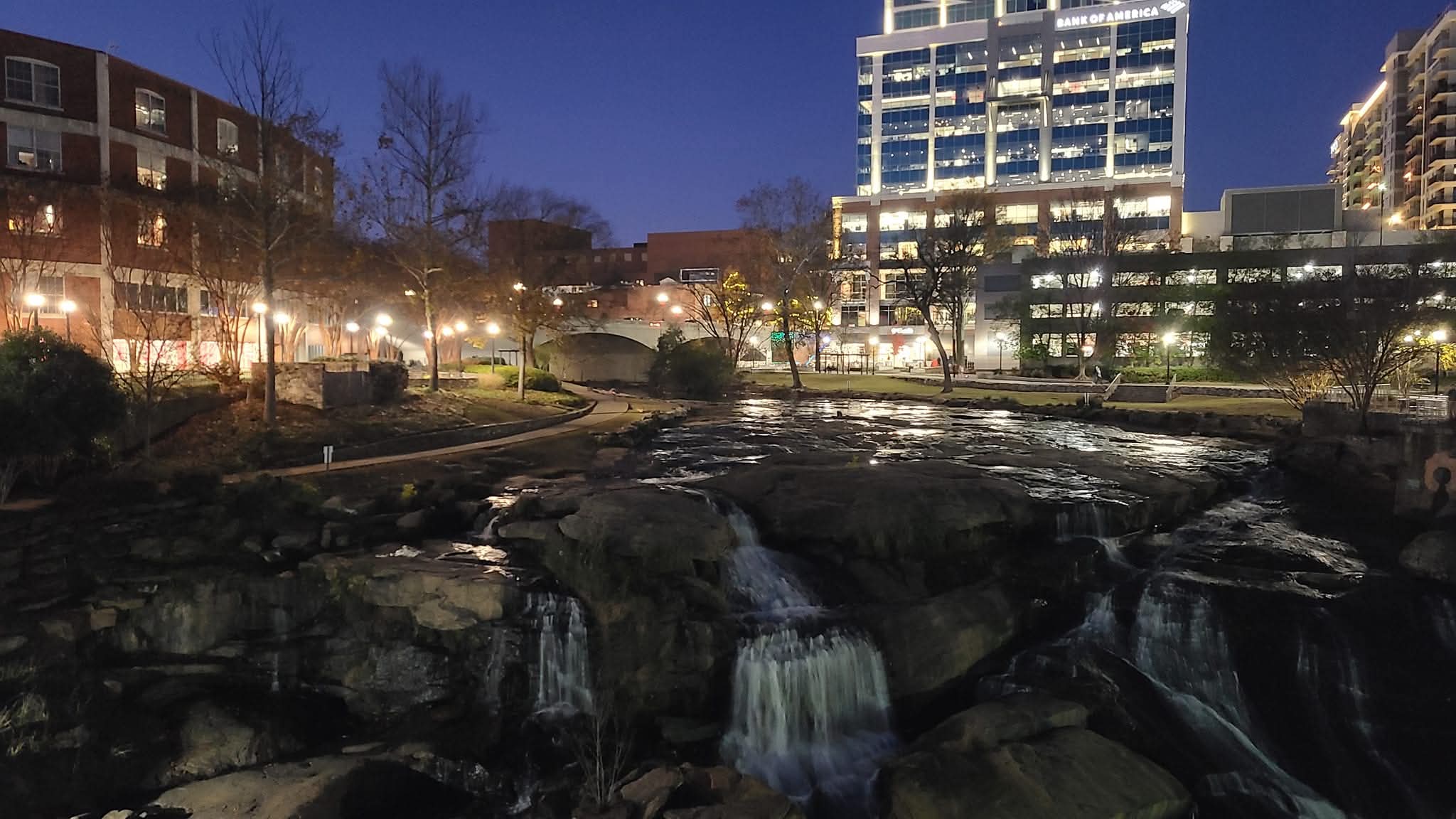 Falls Park at night in downtown Greenville — Palmetto State Rides
