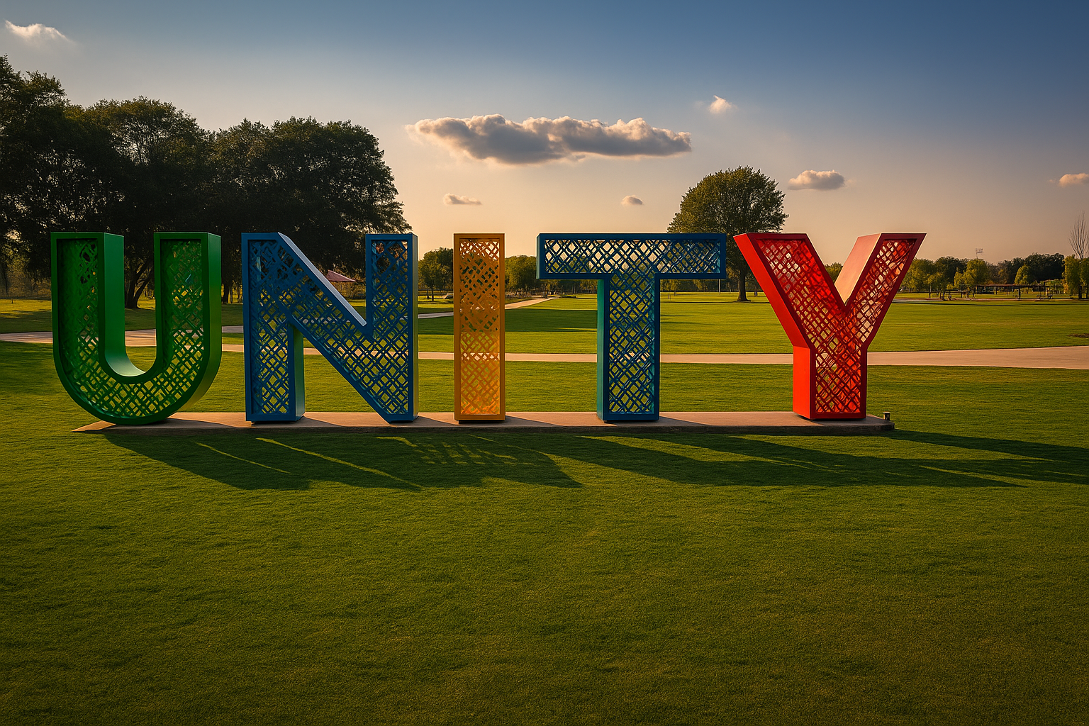 Unity Park Greenville — UNITY sign at golden hour